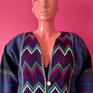 Vintage 80s L Guatemalan Jacket Multicolor Handwoven Cotton Embroidery Zigzag